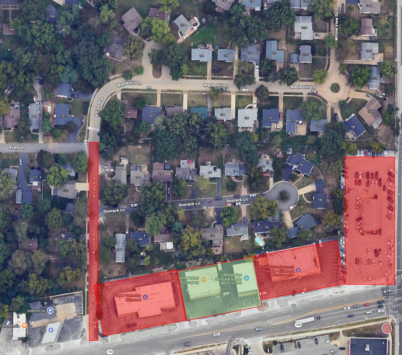 Parking map: park in the green Mirage Spa lot; please avoid the red areas and do not park across Manchester Road